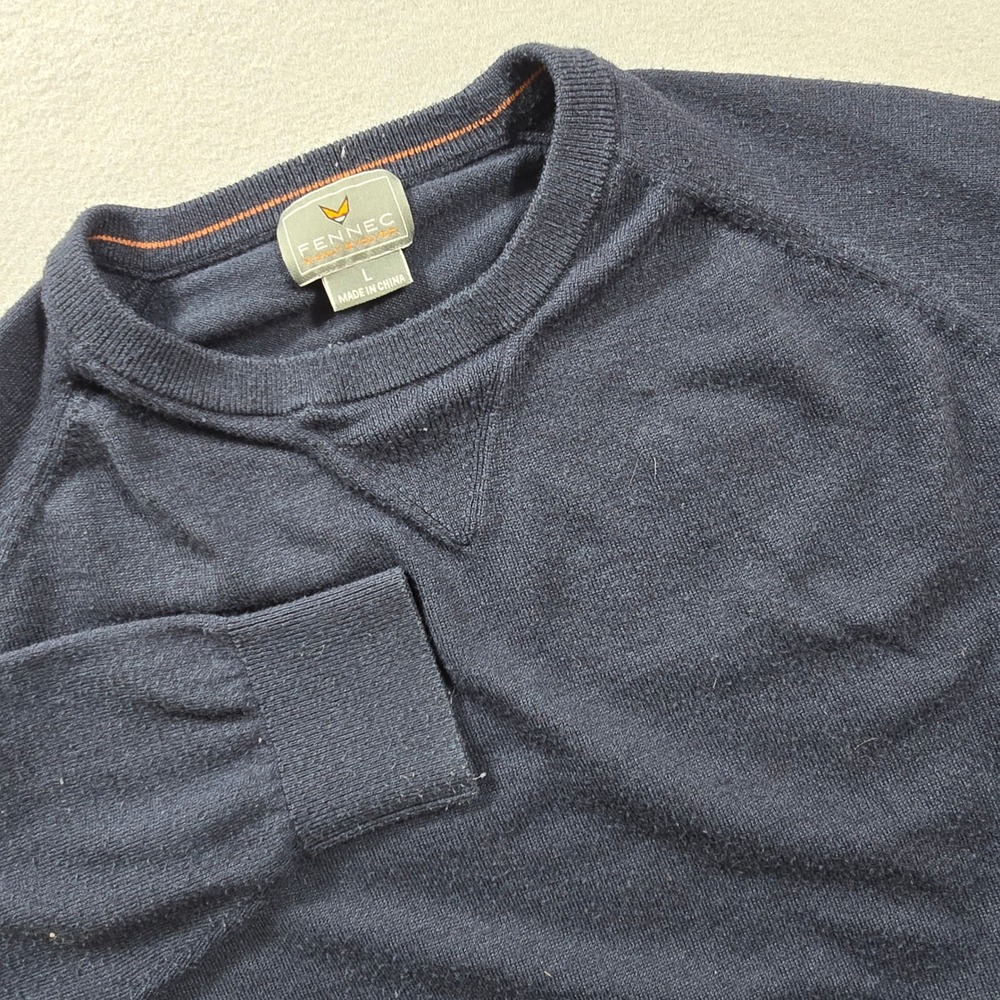 Fennec Mens Large Navy Blue Sweater Merino Wool Blend Crewneck Raglan Golf Knit
